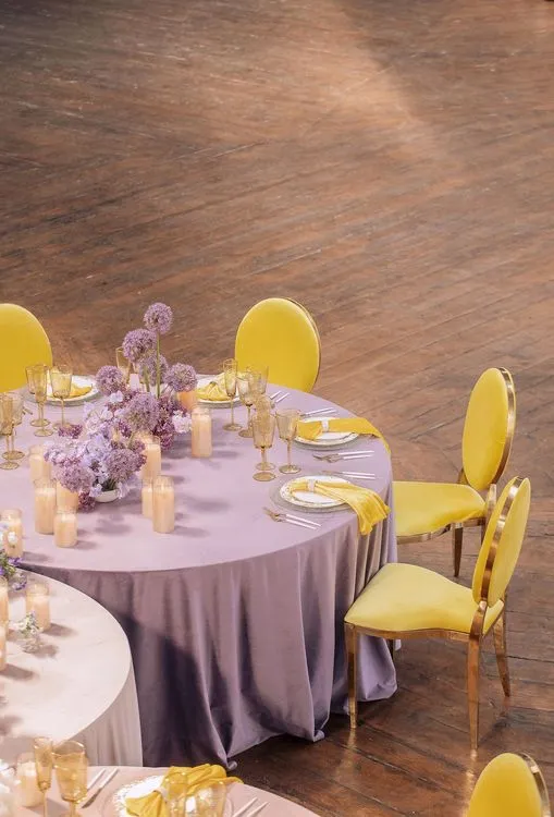Peach-lavender table setting at caterpillar table