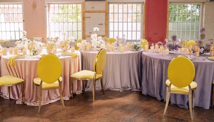 Peach-lavender table setting at caterpillar table