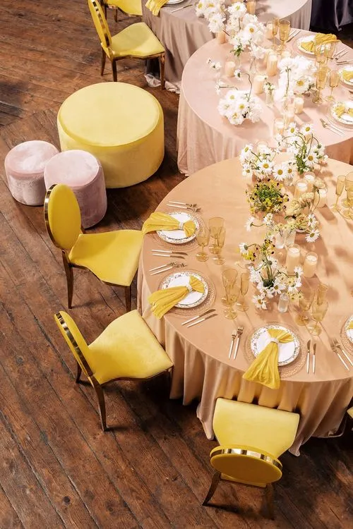 Peach-lavender table setting at caterpillar table