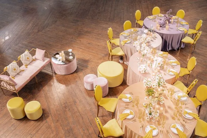 Peach-lavender table setting at caterpillar table