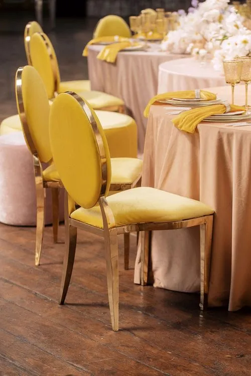 Peach-lavender table setting at caterpillar table