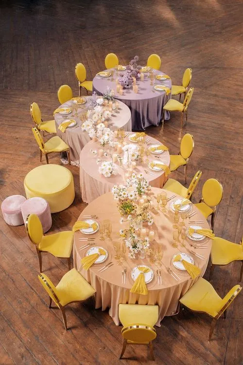 Peach-lavender table setting at caterpillar table