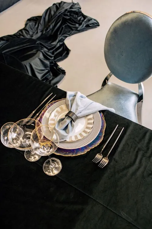 Pearl-blue table setting at rectangular table