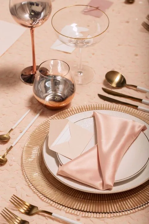 Powder-Palette Romance — Rectangular Table, Copper Glasses, Textured Sequin Cloth