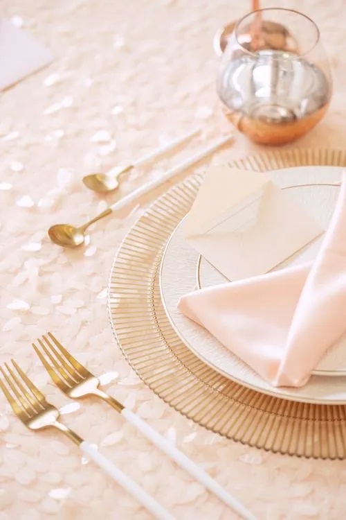 Powder-Palette Romance — Rectangular Table, Copper Glasses, Textured Sequin Cloth