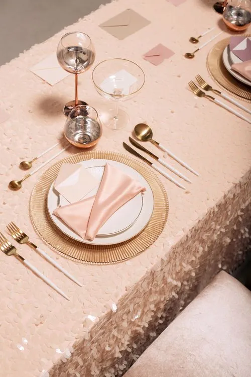 Powder-Palette Romance — Rectangular Table, Copper Glasses, Textured Sequin Cloth