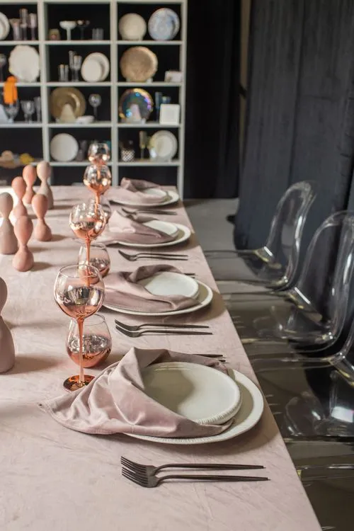 Rectangular Velvet Tablescape with Copper Glasses