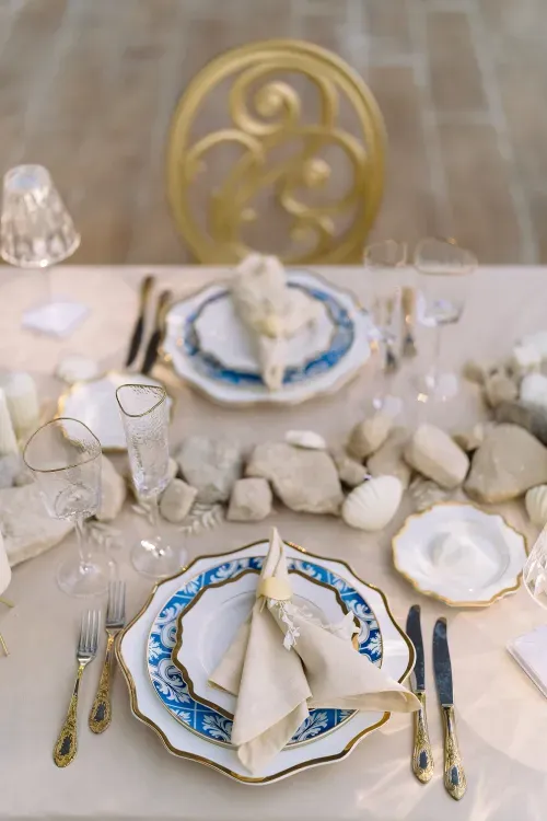 Romantic white and blue table setting
