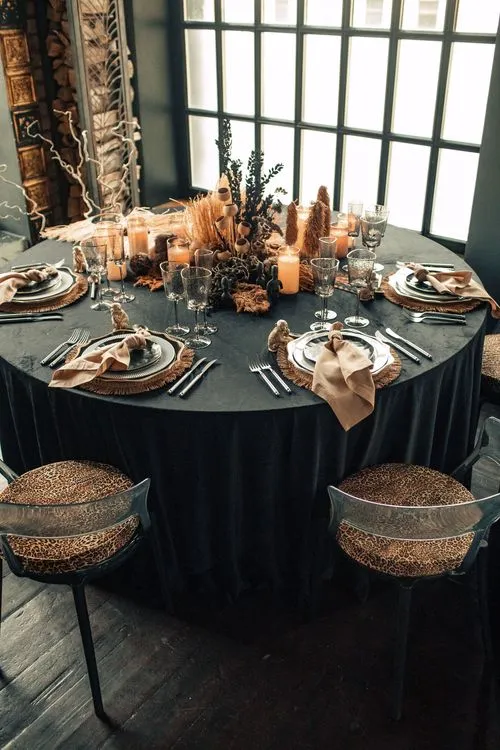 Round Safari Dinner — Black Velvet + Leopard Prints