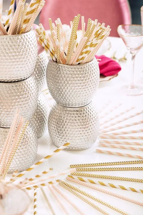 Round Table in Barbie Pink Sequins, Silver Base