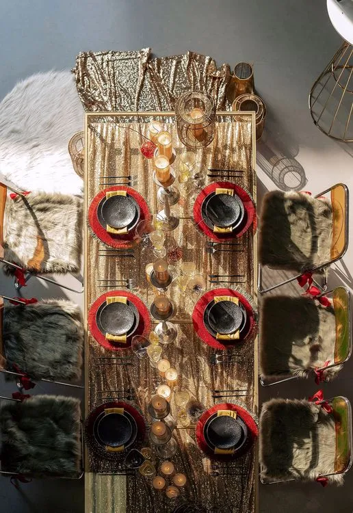 Sequin Table, Fur Accents, Saffron-Tinted Glasses