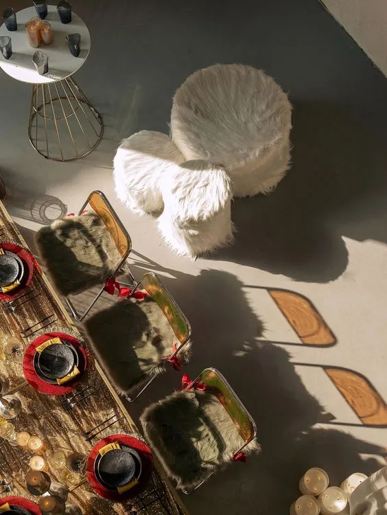 Sequin Table, Fur Accents, Saffron-Tinted Glasses