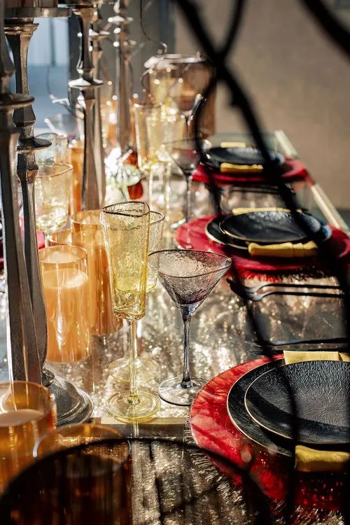 Sequin Table, Fur Accents, Saffron-Tinted Glasses