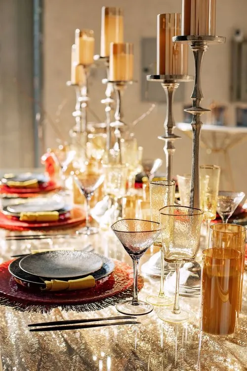 Sequin Table, Fur Accents, Saffron-Tinted Glasses