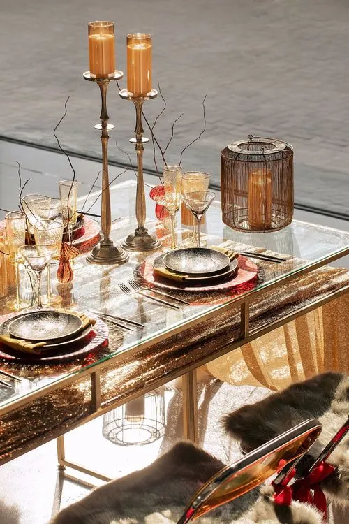 Sequin Table, Fur Accents, Saffron-Tinted Glasses
