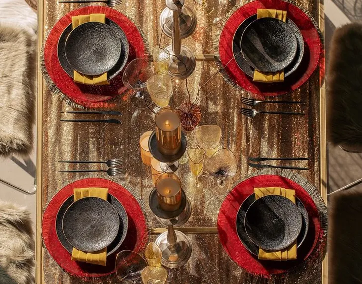 Sequin Table, Fur Accents, Saffron-Tinted Glasses
