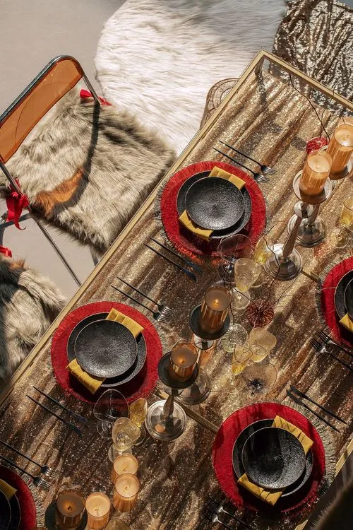 Sequin Table, Fur Accents, Saffron-Tinted Glasses