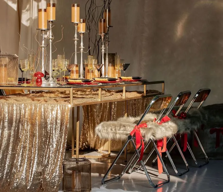 Sequin Table, Fur Accents, Saffron-Tinted Glasses