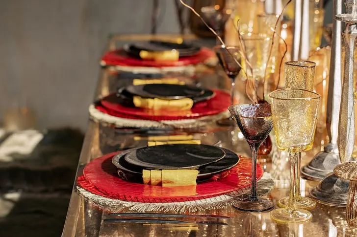 Sequin Table, Fur Accents, Saffron-Tinted Glasses