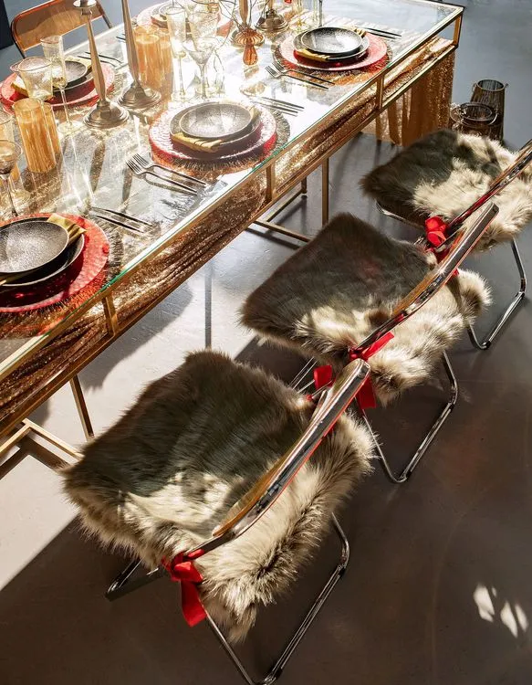 Sequin Table, Fur Accents, Saffron-Tinted Glasses