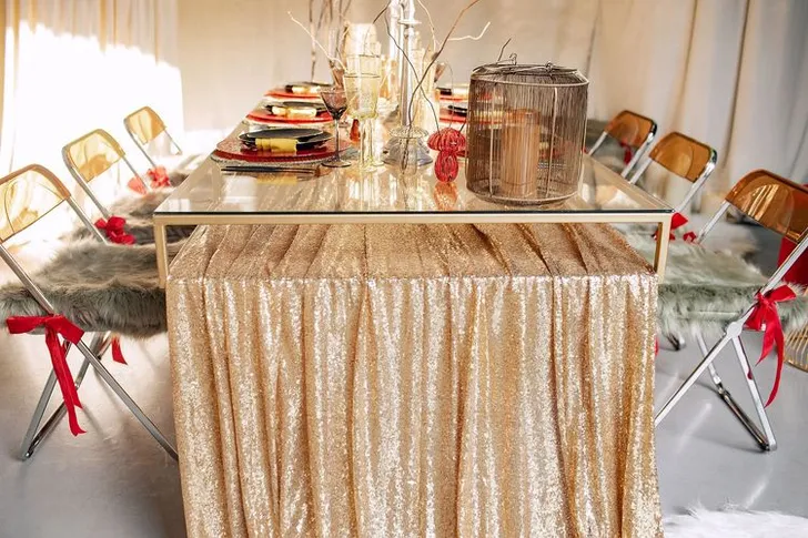 Sequin Table, Fur Accents, Saffron-Tinted Glasses