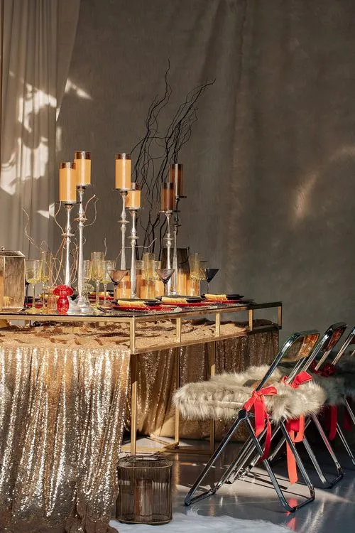 Sequin Table, Fur Accents, Saffron-Tinted Glasses