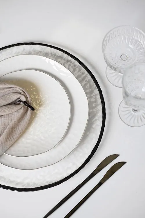 White Minimal Tablescape — Silver + Modern Glass
