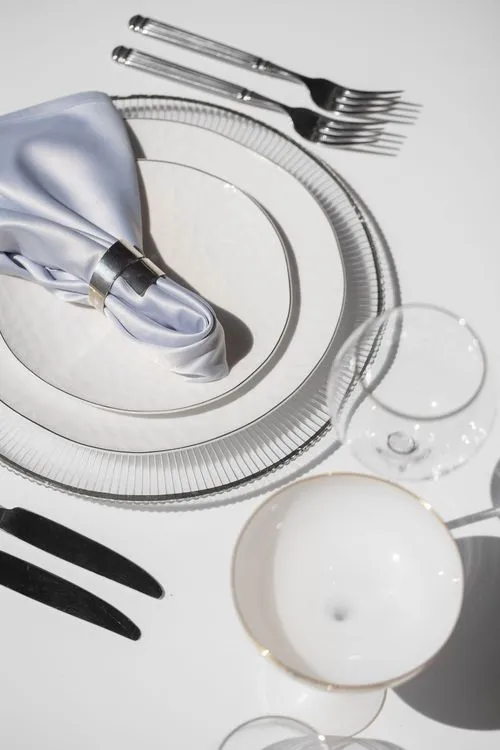 White Minimal Tablescape — Silver + Modern Glass