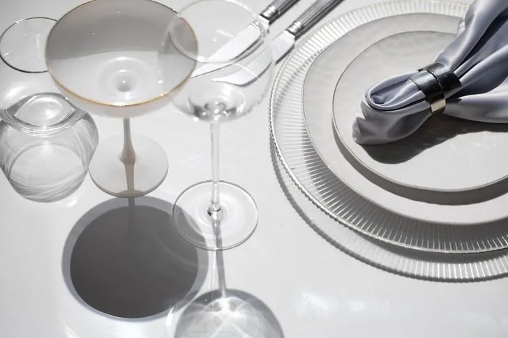 White Minimal Tablescape — Silver + Modern Glass