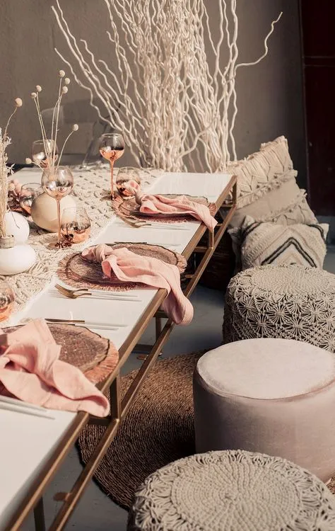 White-pink boho table setting with pearl accents