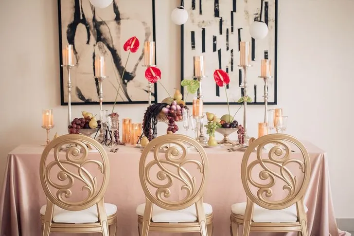 Rectangular table with carved velvet chairs